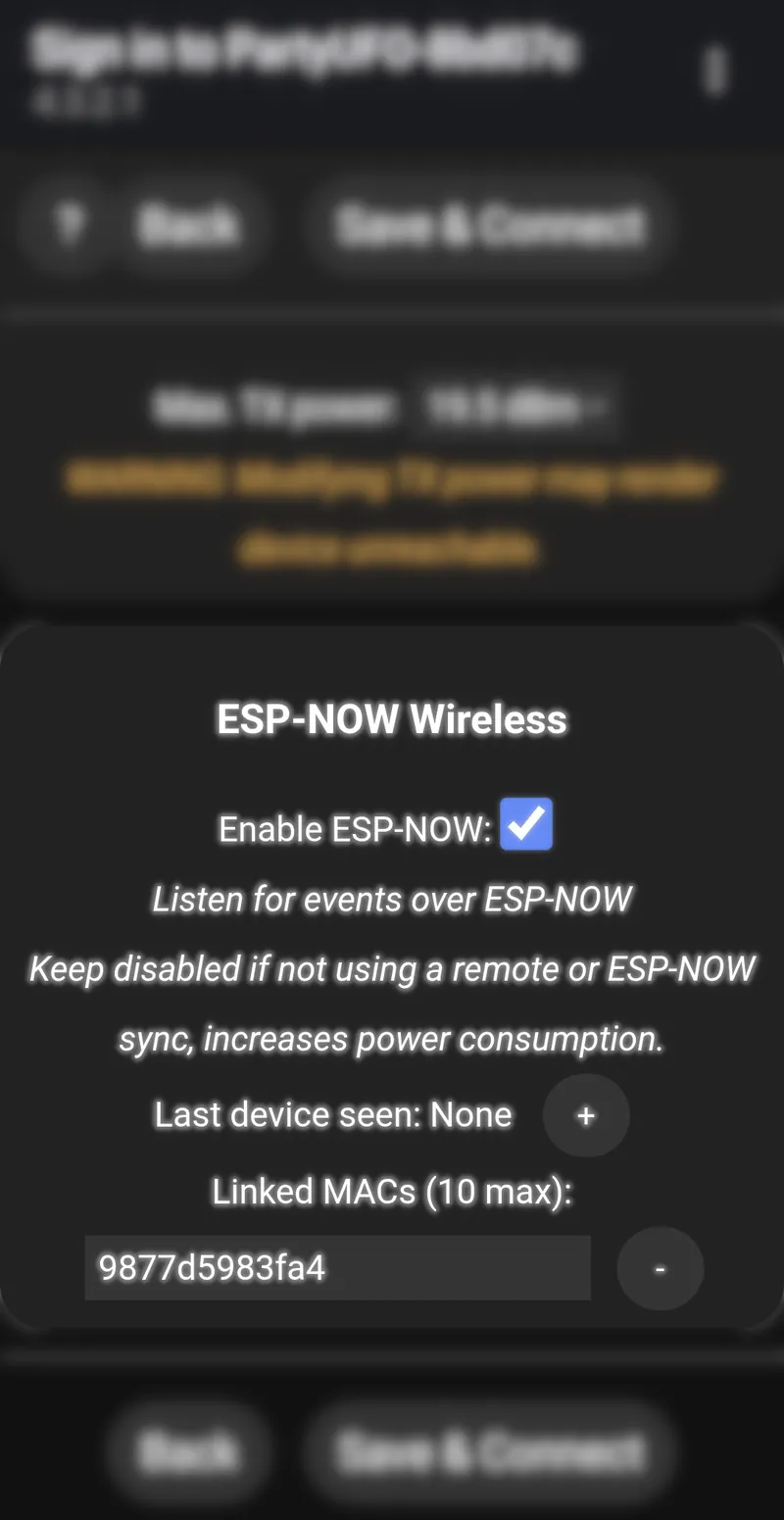 ESP-NOW Wireless med Last device seen og listen over parrede fjernbetjeninger