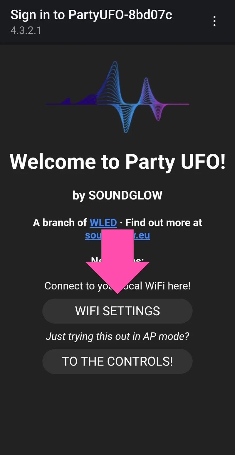 WLED-velkomstskærmen med knappen WIFI SETTINGS