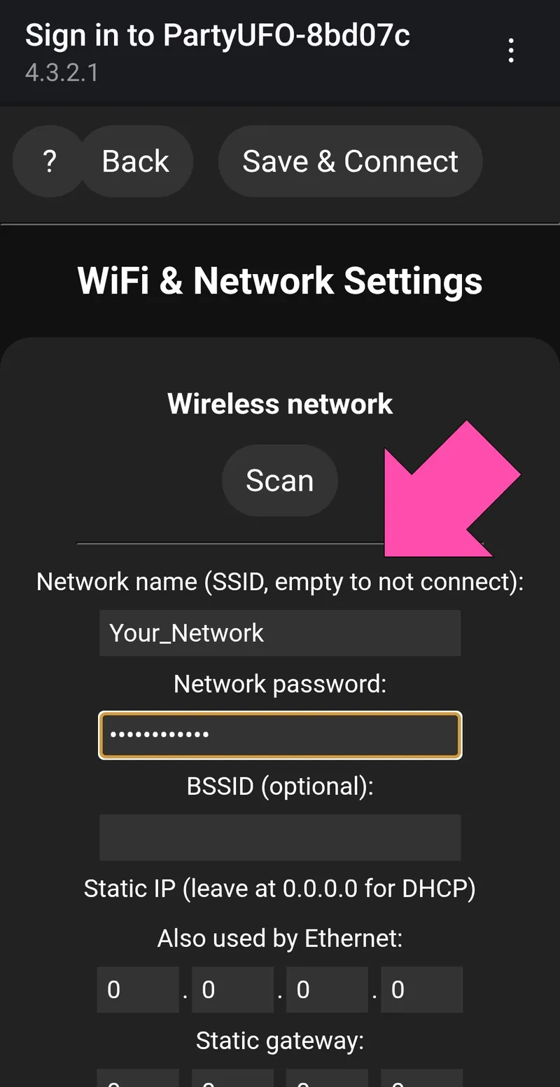 WLED wifi-opsætning hvor netværksnavn og password indtastes